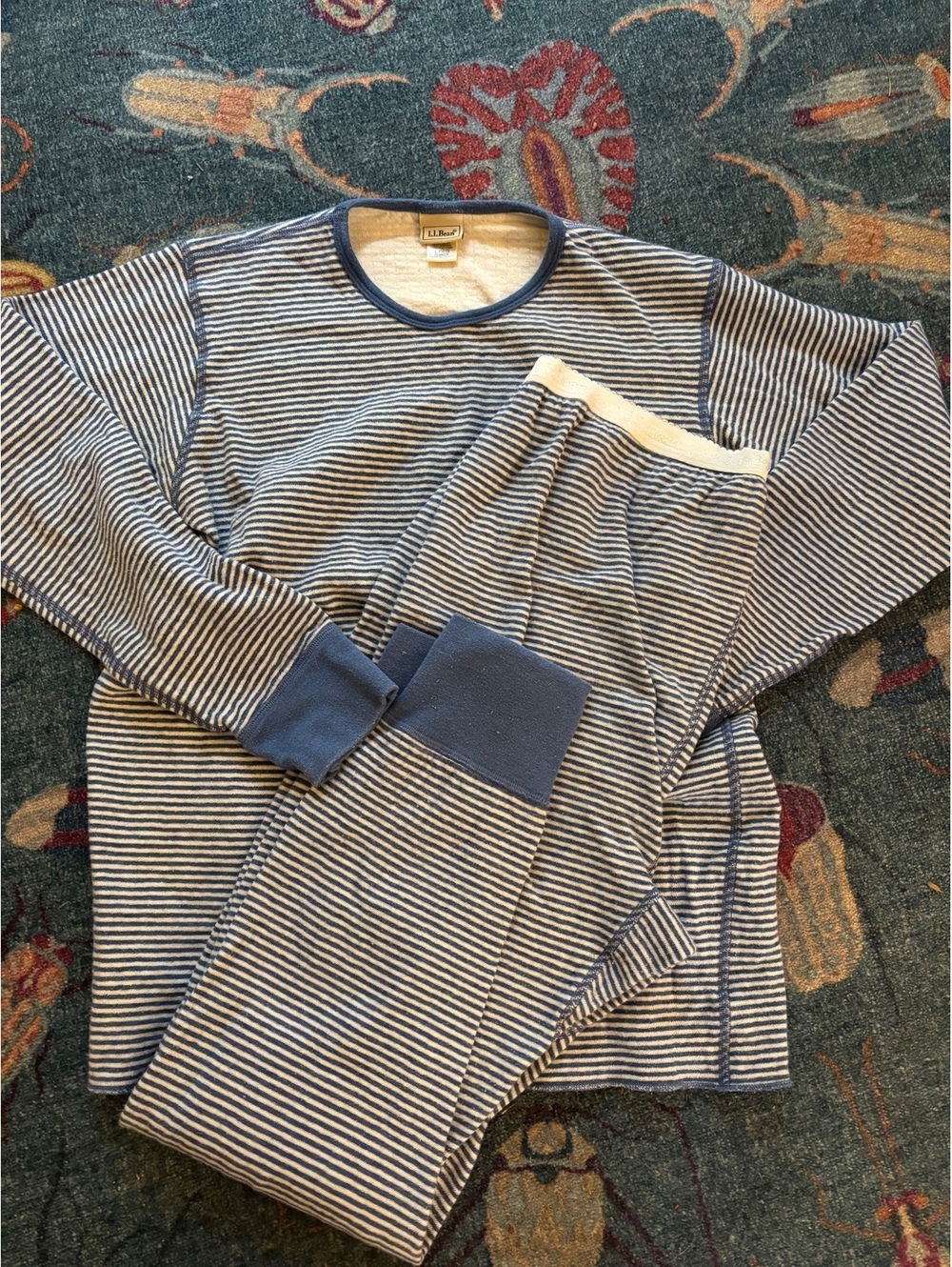 L.L.Bean Women's Large Regular Blue and White Striped Thermal Underwear Set